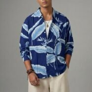 Tropical Leaf Print Shirt-blue1