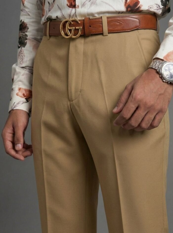 Vintage Elite Pleated Bootcut Trousers-Sand beige1 Vintage Elite Pleated Bootcut Trousers-Sand beige1