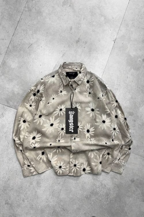 Washed Drop-Shoulder Shirt with All-Over Flower Print – Brown