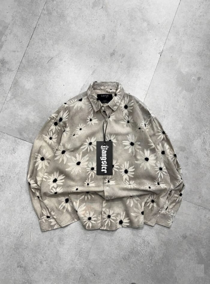 Washed Drop-Shoulder Shirt with All-Over Flower Print – Brown1 Washed Drop-Shoulder Shirt with All-Over Flower Print – Brown1