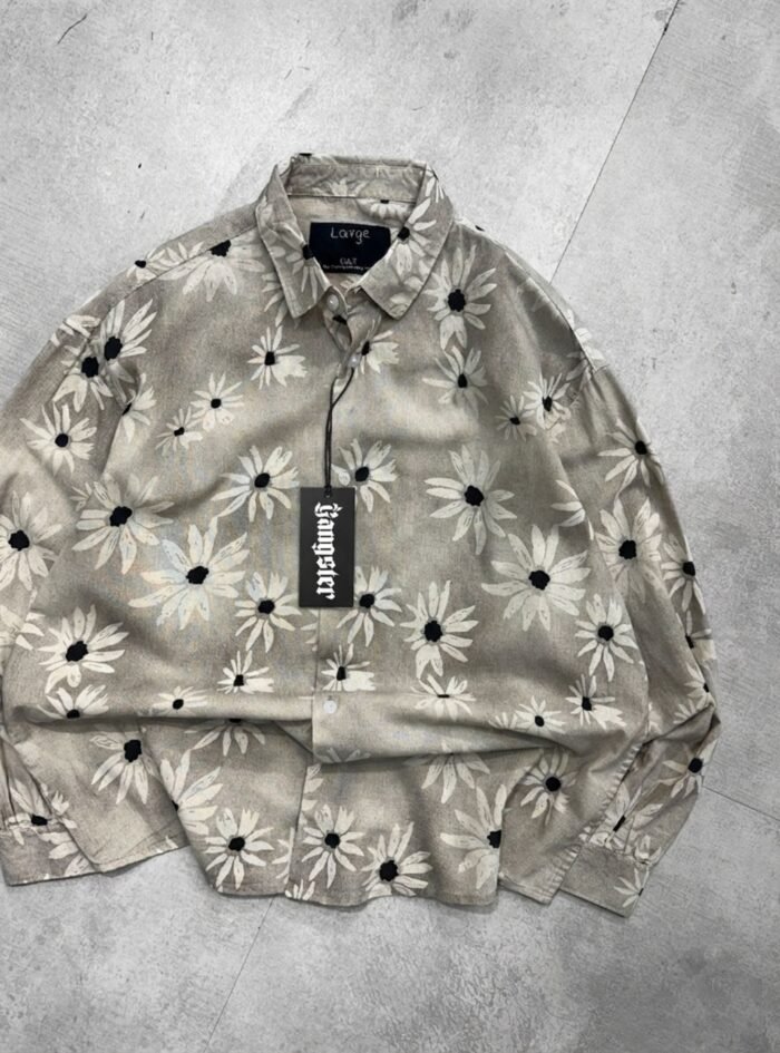 Washed Drop-Shoulder Shirt with All-Over Flower Print – Brown2 Washed Drop-Shoulder Shirt with All-Over Flower Print – Brown2