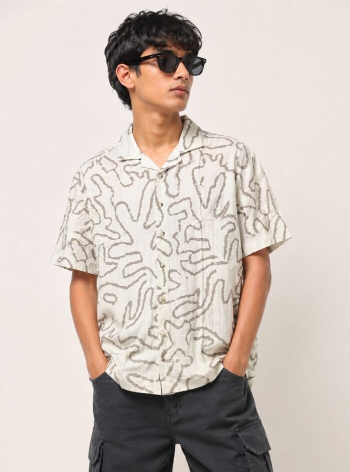 Earthwave Half Sleeve Print Cotton Shirt - Off White - 2