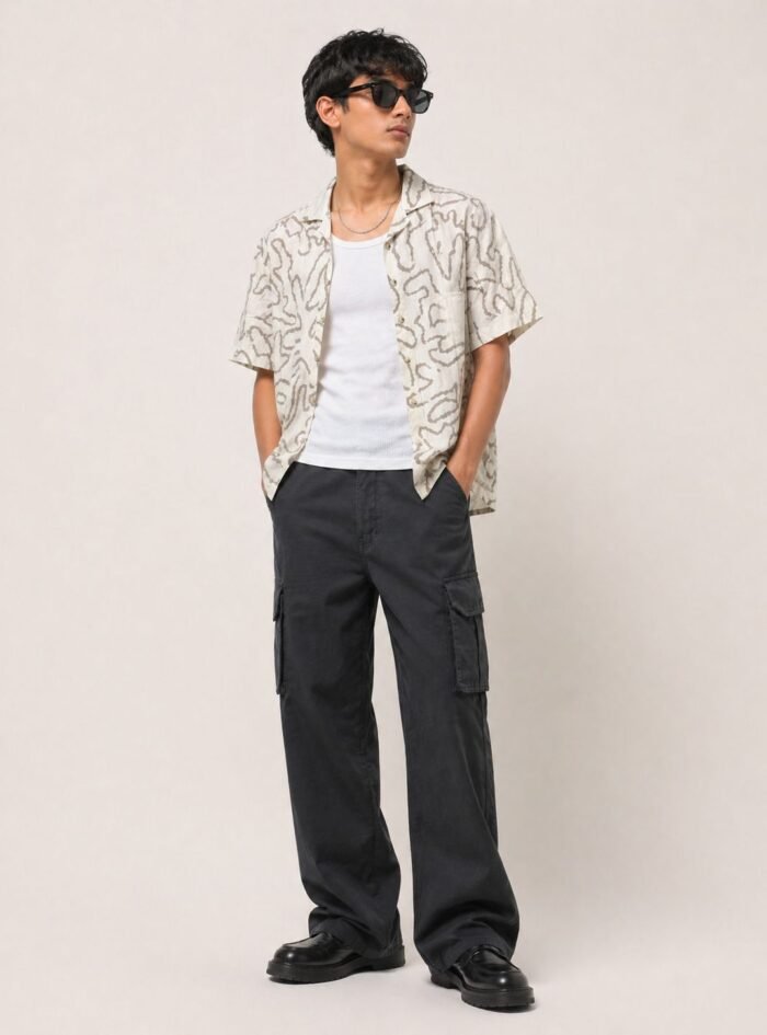 Earthwave Half Sleeve Print Cotton Shirt - Off White