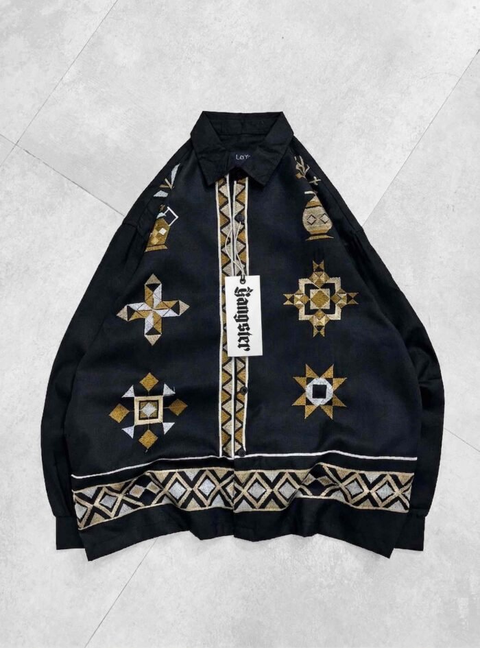 Ethnic Geometric Print Button-up Shirt-black