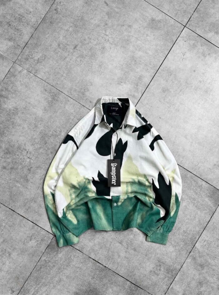 Flame Print Oversized Button-Up Shirt-green1