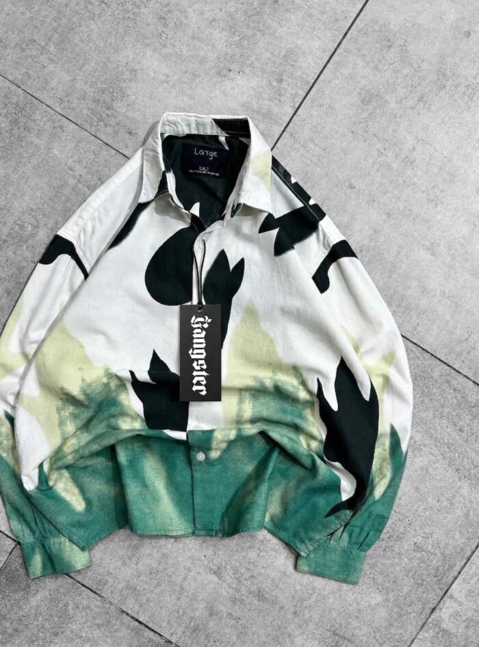 Flame Print Oversized Button-Up Shirt-green2