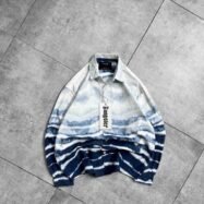 Horizontal Tie-Dye Print Button-up Shirt-blue1