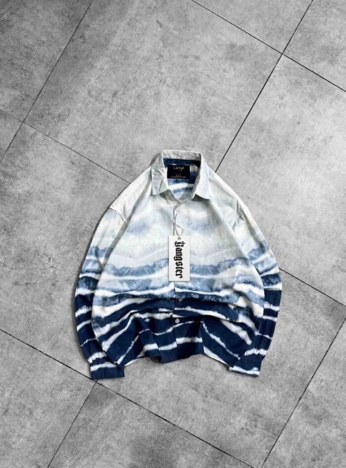 Horizontal Tie-Dye Print Button-up Shirt-blue1