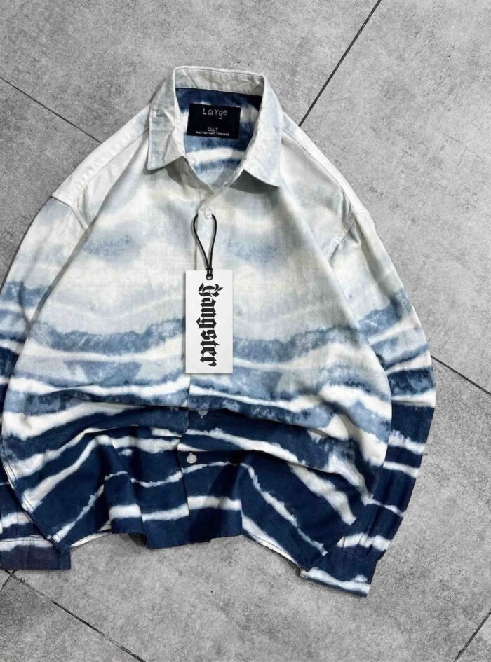 Horizontal Tie-Dye Print Button-up Shirt-blue2