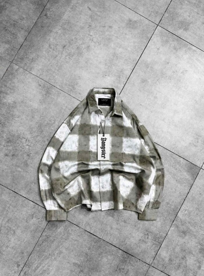 KITEIKU Back Printed Tie-dye Button-up Shirt-olive green1