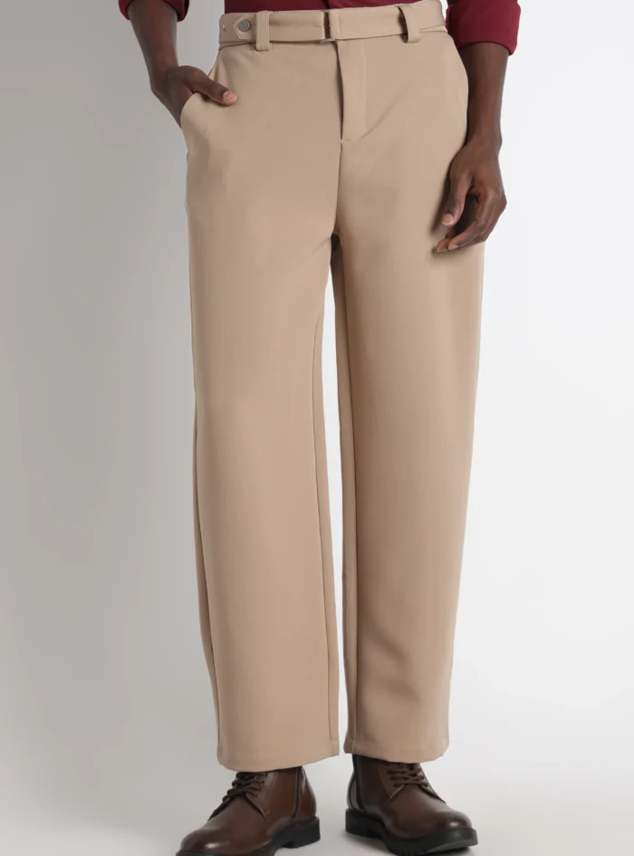 Korean Casual Trousers with Belt Detail Beige1