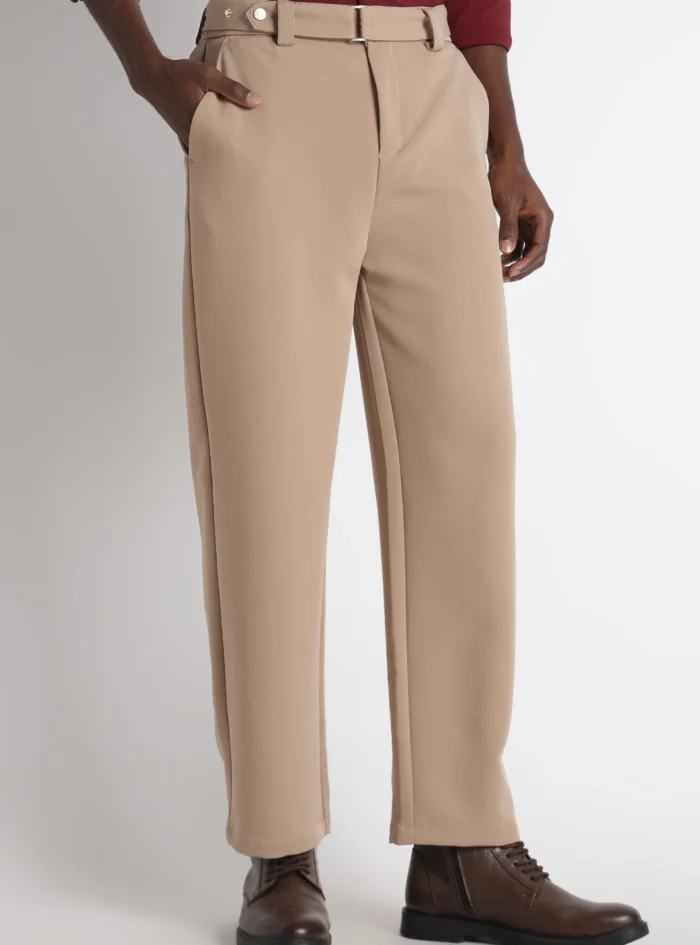 Korean Casual Trousers with Belt Detail Beige2