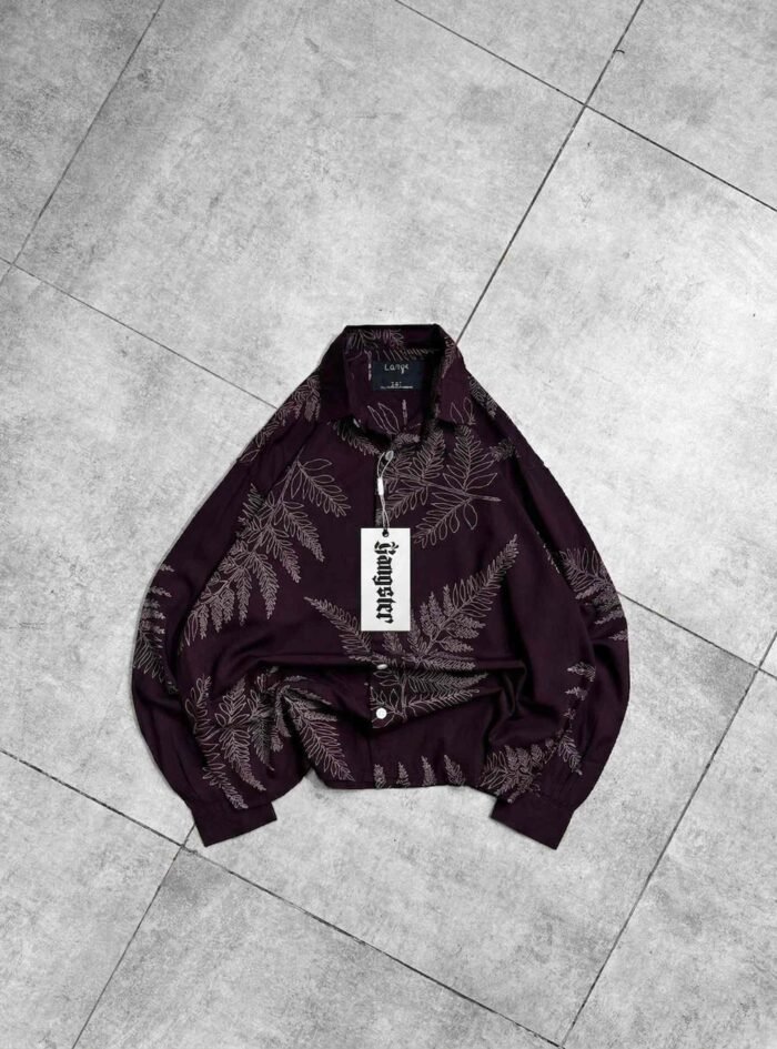 Men’s Relaxed-fit Leaf Print Button-up Shirt-purple1