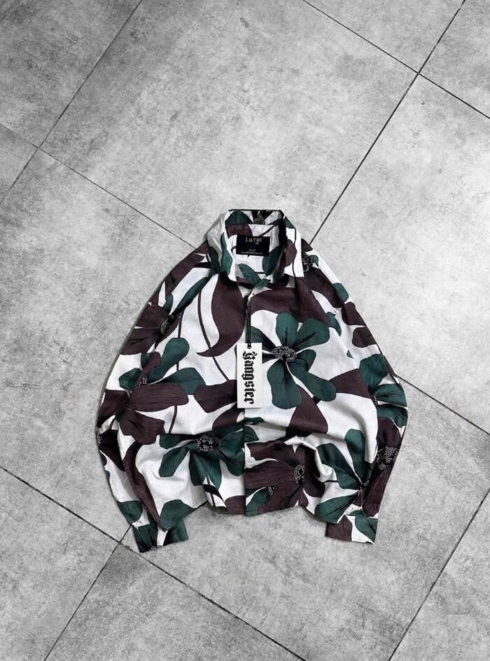 Oversized Big Floral Printed Button-up Shirt-green1