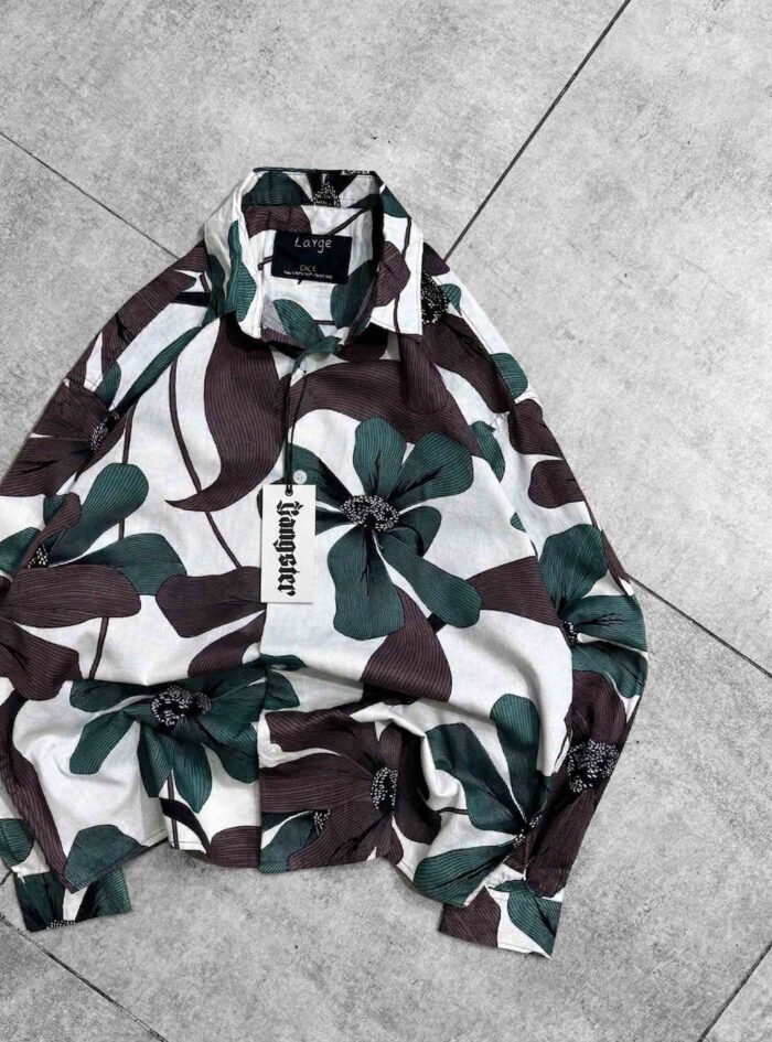Oversized Big Floral Printed Button-up Shirt-green2
