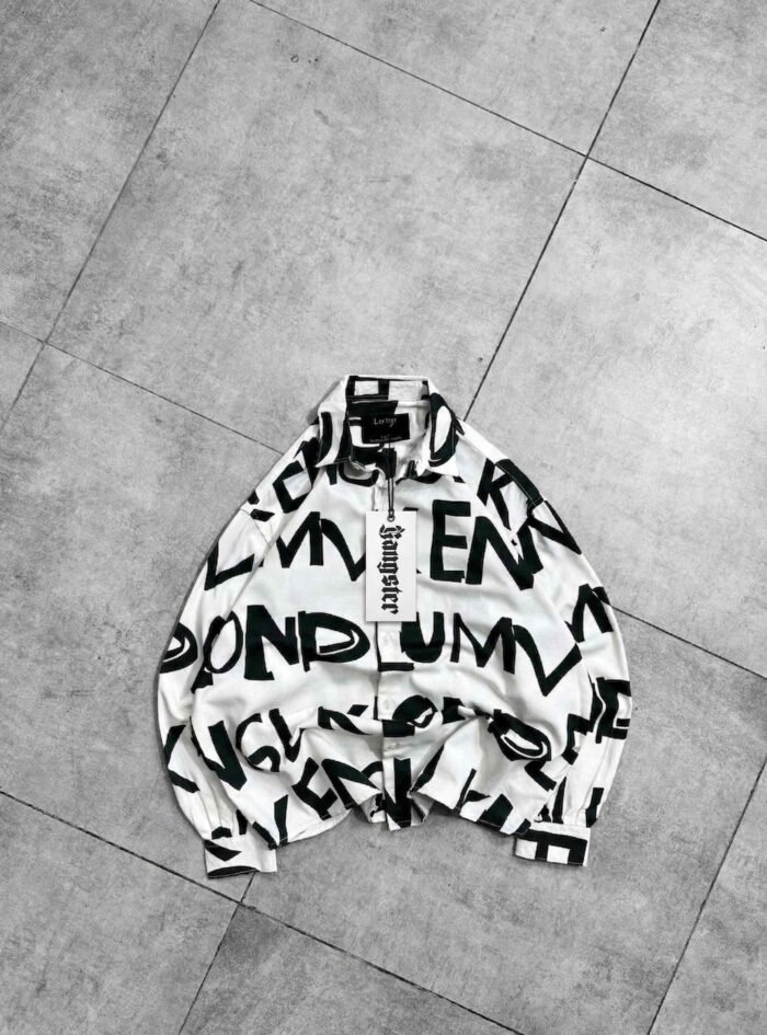 Oversized Typography Print Button-up Shirt-black1
