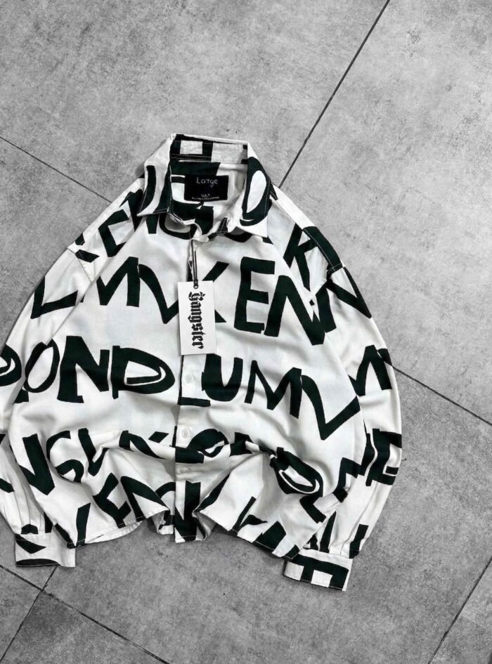 Oversized Typography Print Button-up Shirt-black2