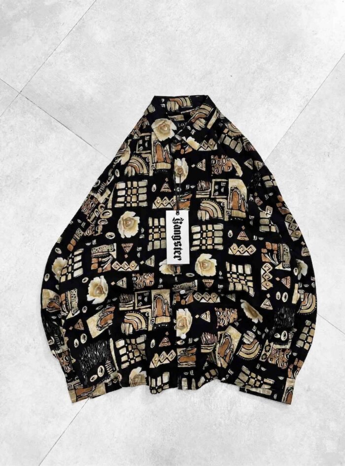 Vintage-Inspired Print Long Sleeve Shirt-black1
