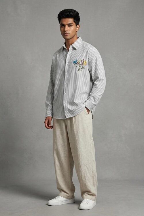 Botanical Stripe Embroidered Oversize Shirt