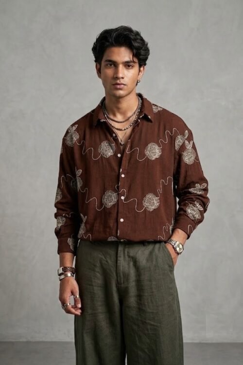 SEQUINS ALL OVER EMBROIDERY LINEN DROP SHIRT