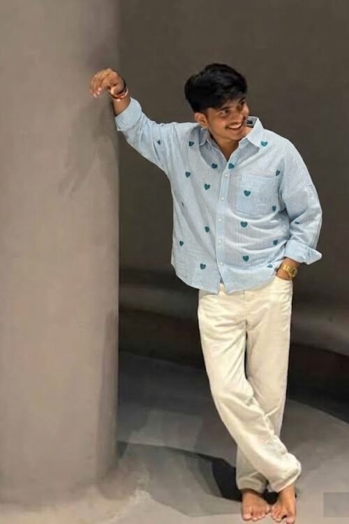 Heart Allover Embroidery Oldmoney Striped Linen Drop Shirt
