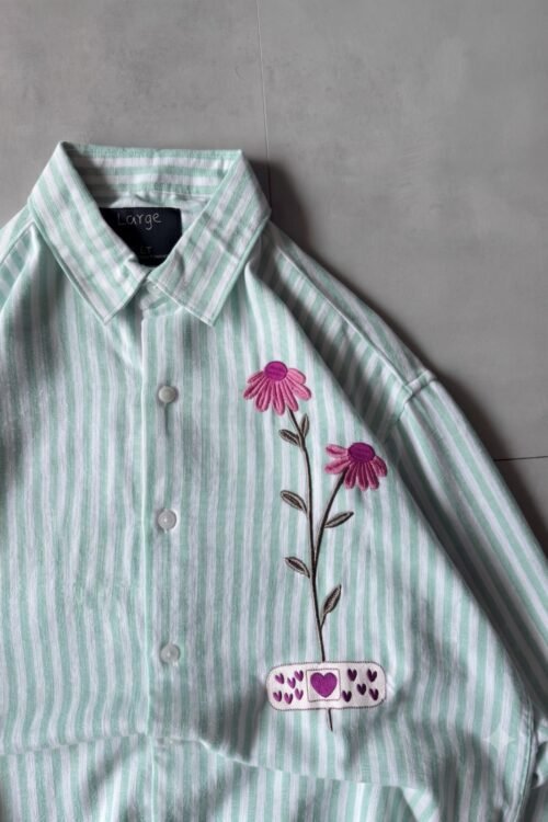 Bandage Flower Front Embroidery Striped Drop Shirt