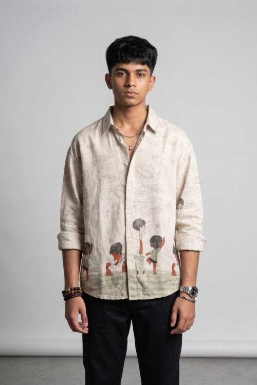 Scribble Bottom Printed Linen Drop Shirt