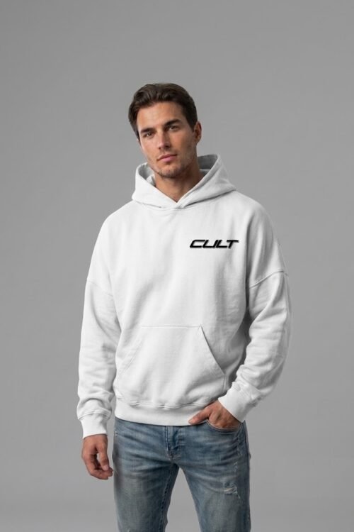 Ghost White Cyber-Sigil Drop-Shoulder Hoodie