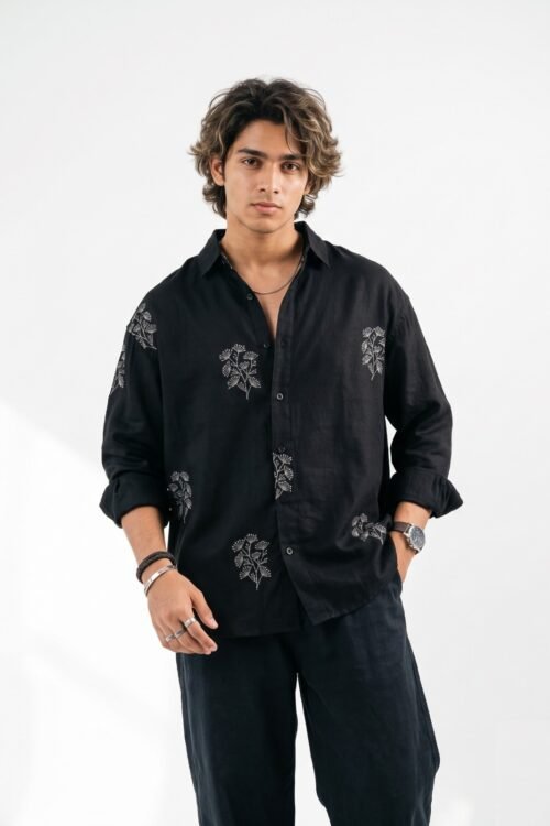 Wildflower Sprig All Over Embroidery Imported Linen Drop Shirt