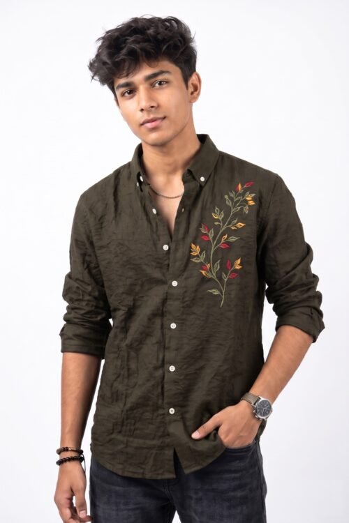 Premium Linen Autumn Leaf Embroidered Shirt